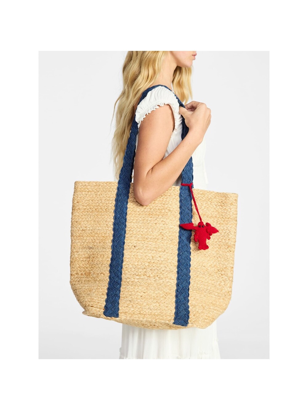 No Boundaries Women's Beach Icons Jute Tote Bag, Natural with Blue Denim